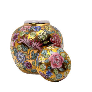 Ginger Jar Vtg Chinese Jingdezhen Floral Gold Ground Porcelain Lidded Pastels